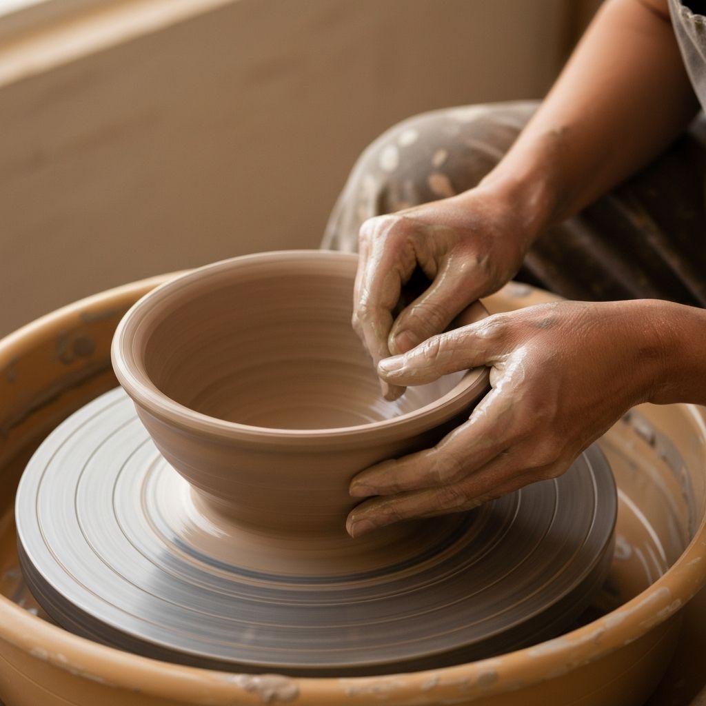 Artisan hands shaping ceramic on pottery wheel